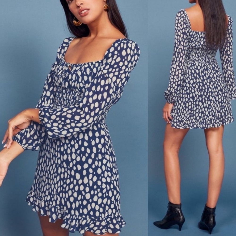 Reformation Navy Blue and White Polka Dot Long-Sleeve Mini Dress